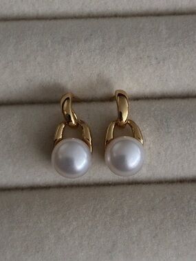 Gold Pearl Drop Huggie Earrings - Classic White Pearl Accent